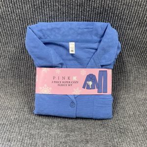 VTG Pink K Pajama Set Women Large Blue Fleece 2 piece Super‎ Cozy Sleepwear